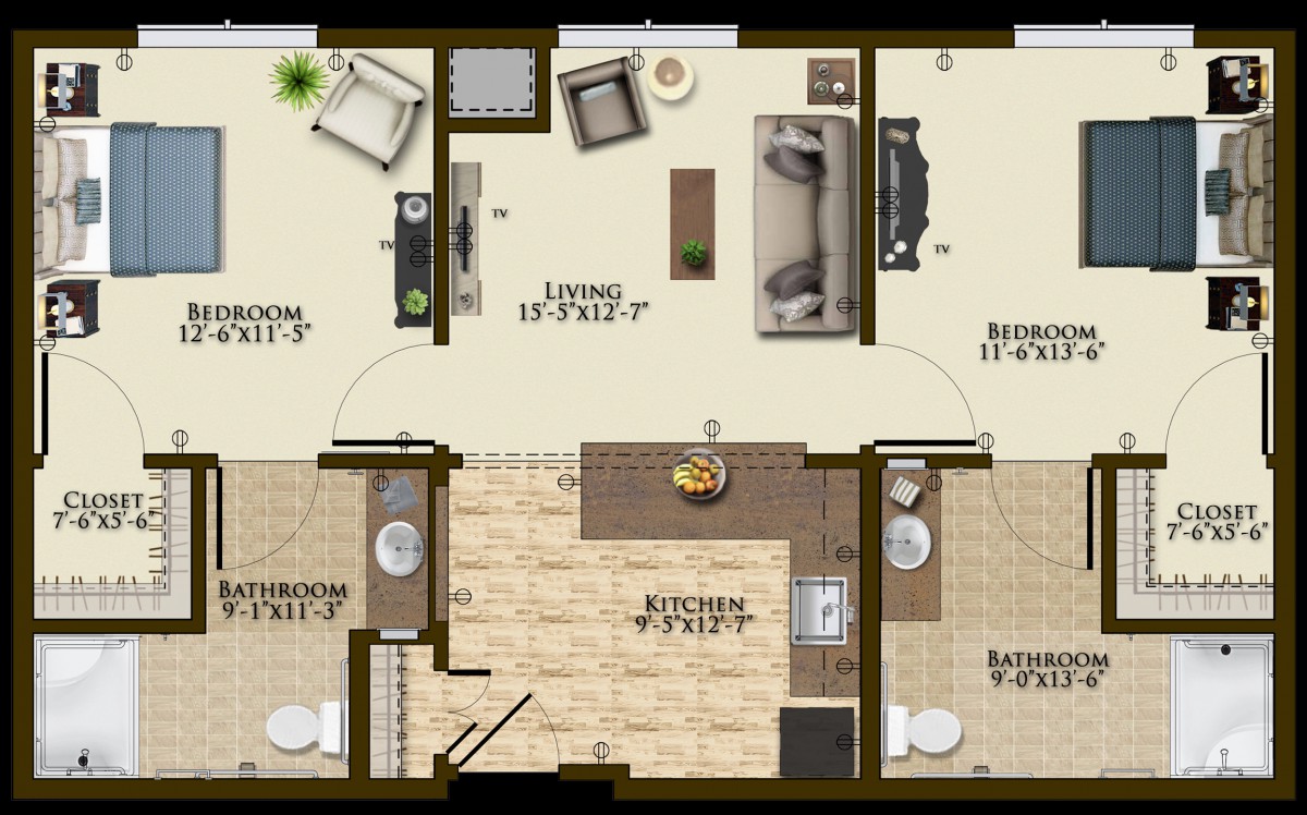 A detailed floor plan of a two-bedroom apartment, including a living room, kitchen, and bathrooms.