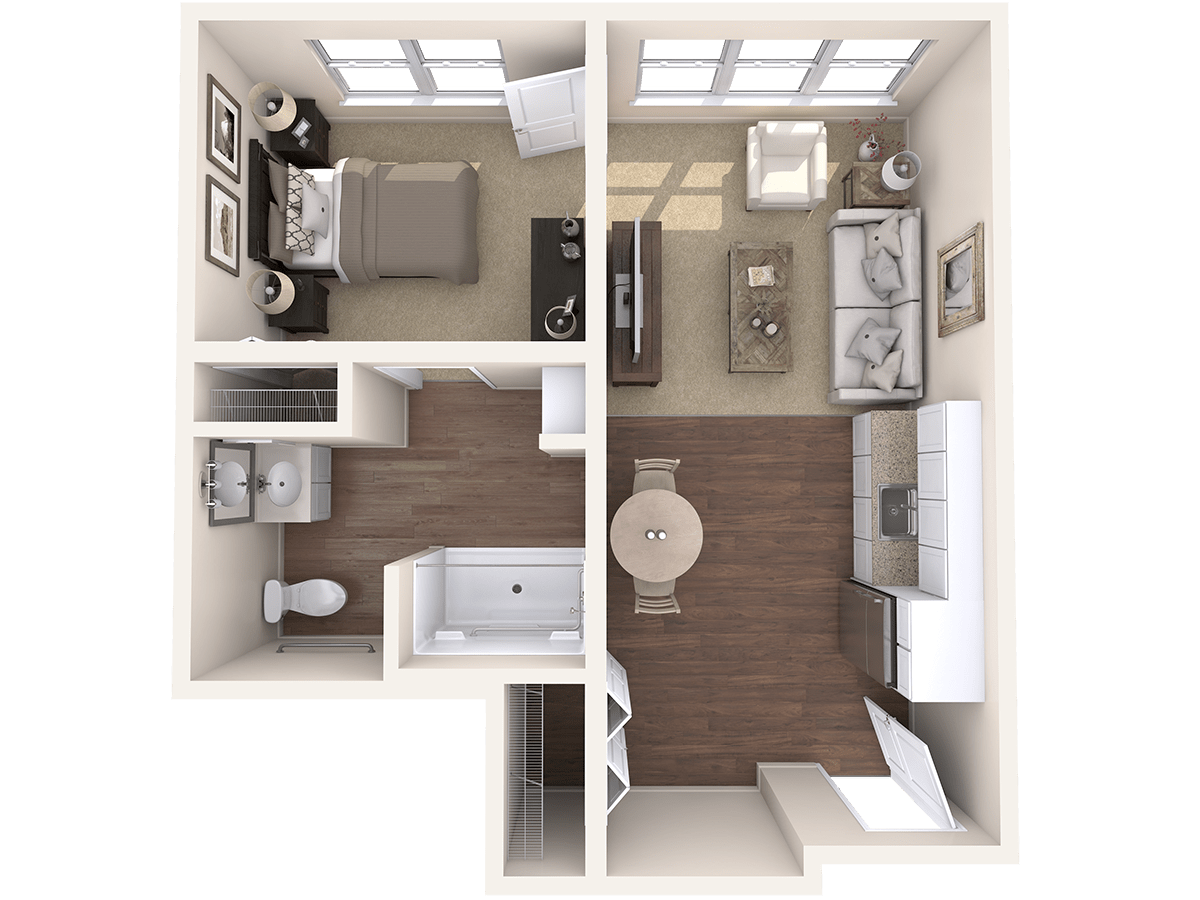 1-bedroom apartment floor plan with kitchen, living room, and bathroom.