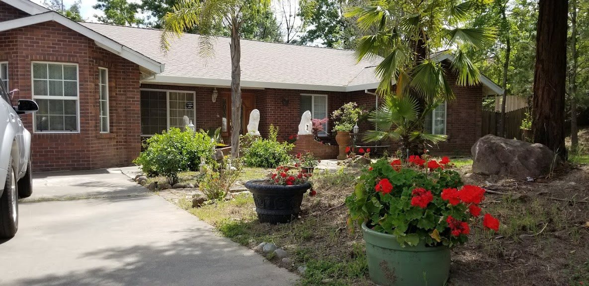 A charming house surrounded by a lush garden with vibrant flowers and greenery.