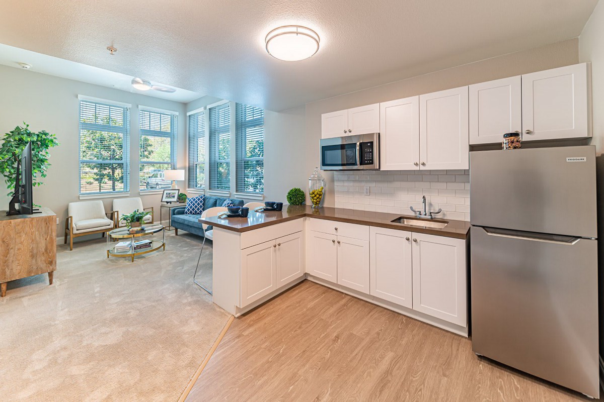 A modern open-concept kitchen and living area with white cabinets, wood flooring, and bright natural light.