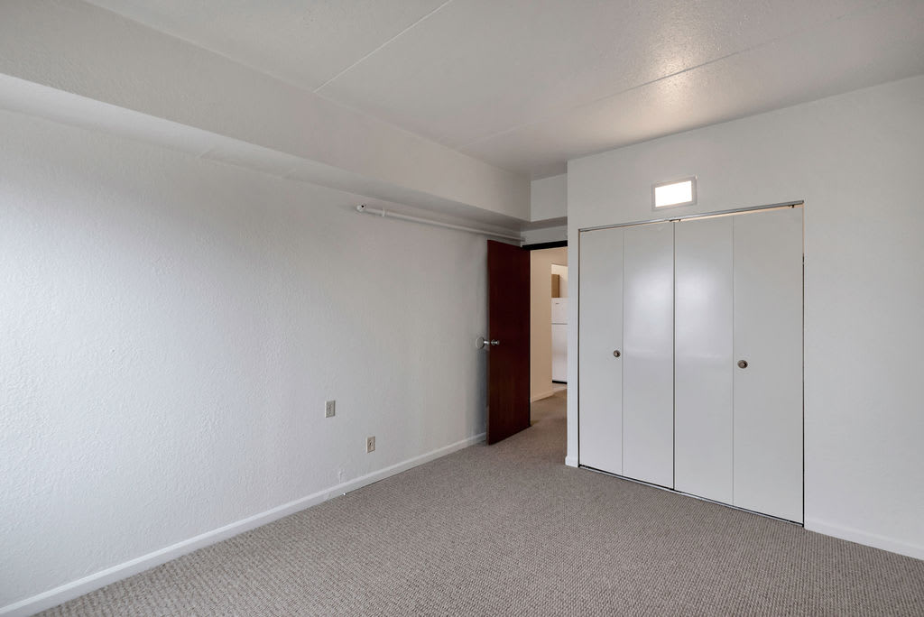 An empty room with white walls, carpet flooring, and a closed closet.