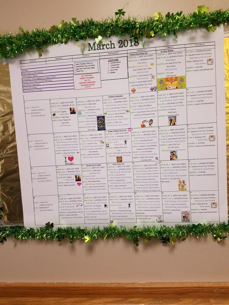 A decorative wall calendar for March 2019, listing daily events and activities.