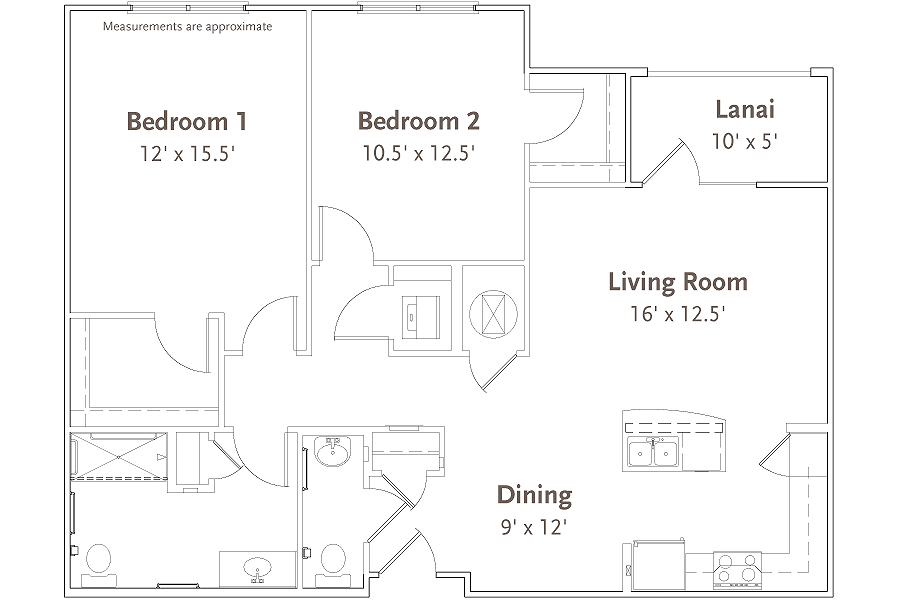 This image shows the floor plan of an apartment with two bedrooms, a living room, dining area, and laundry room.