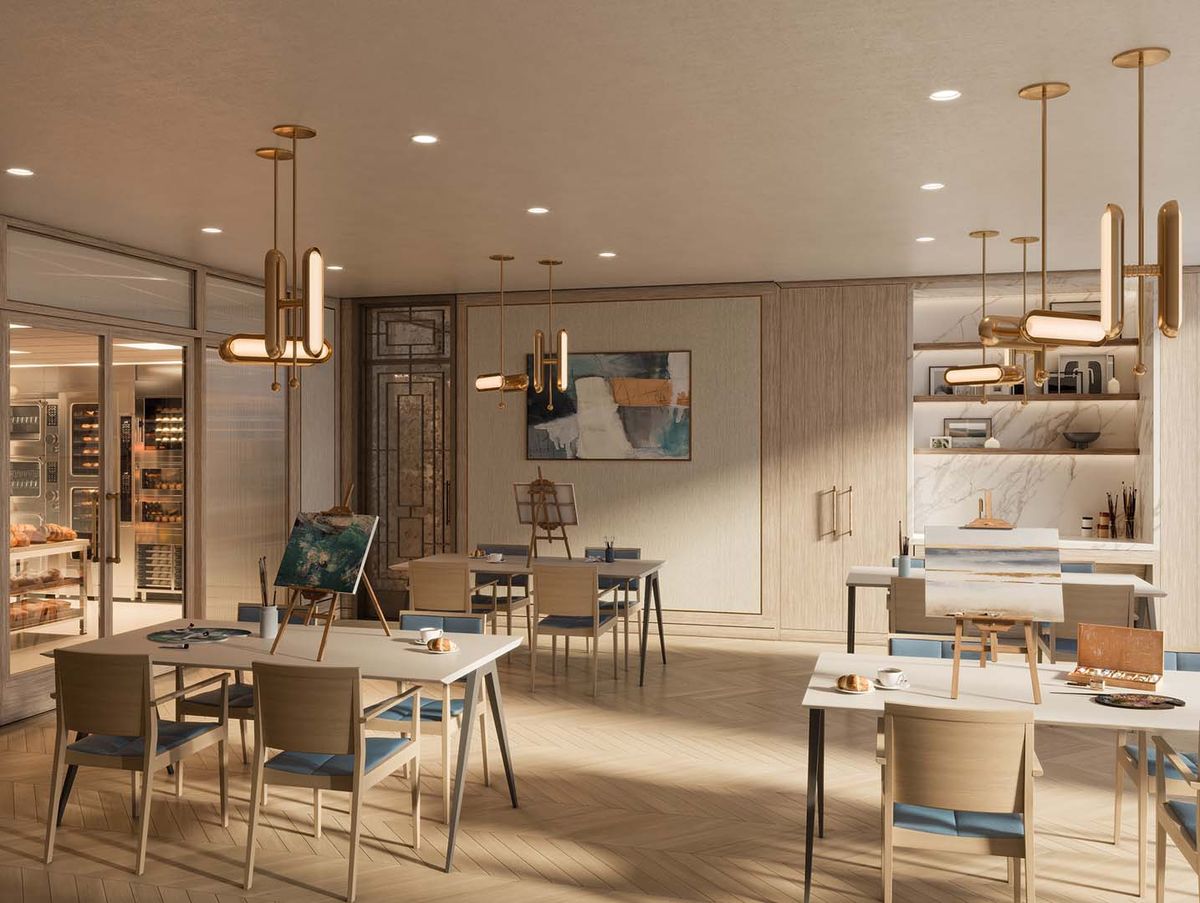 A modern office space with stylish furniture and elegant lighting.