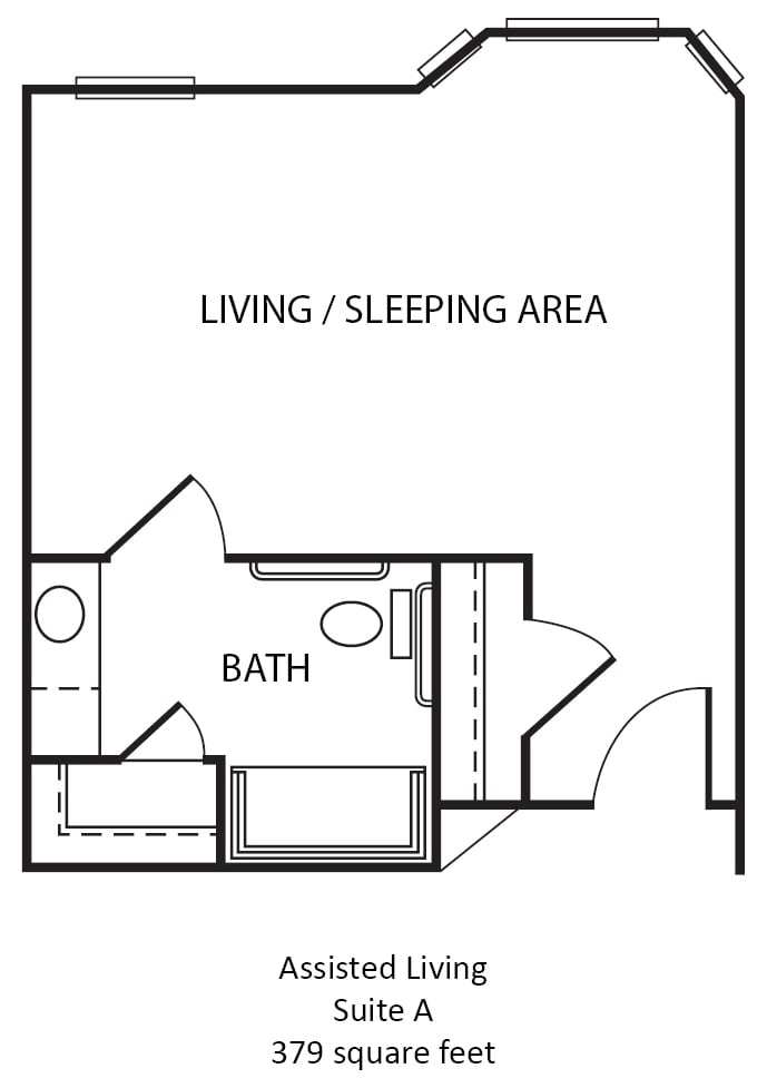 A simple floor plan of a studio apartment featuring a living/sleeping area and a bathroom.