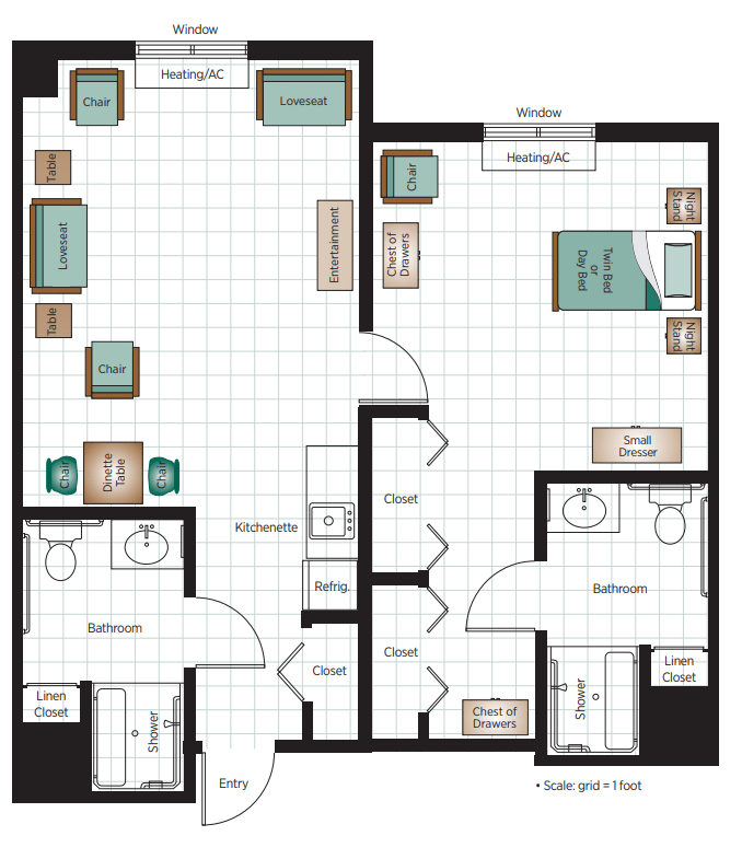 A floor plan of a two-bedroom apartment featuring a living room, kitchen, and bathrooms.