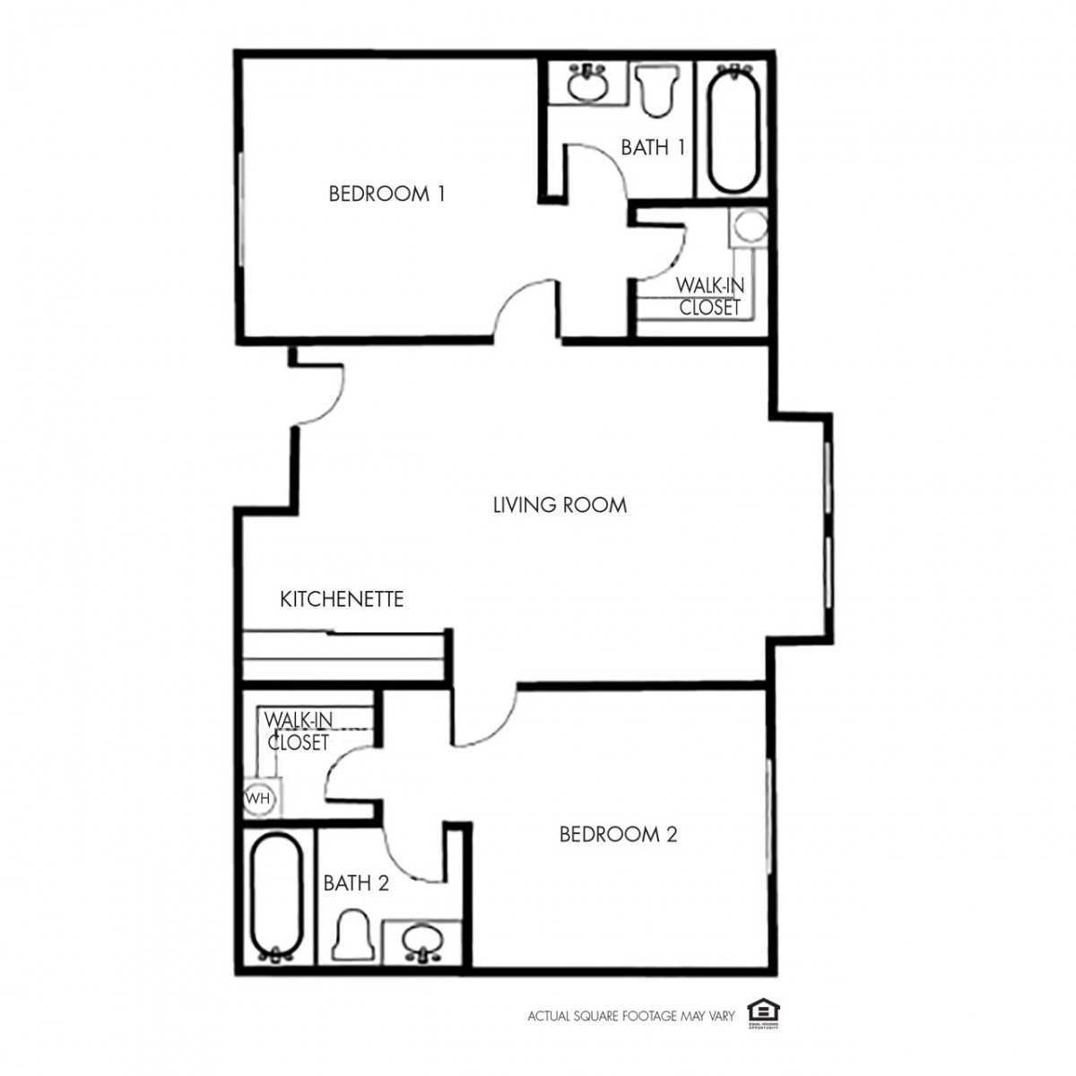 A floor plan of a two-bedroom apartment featuring a living room, kitchen, and two bathrooms.