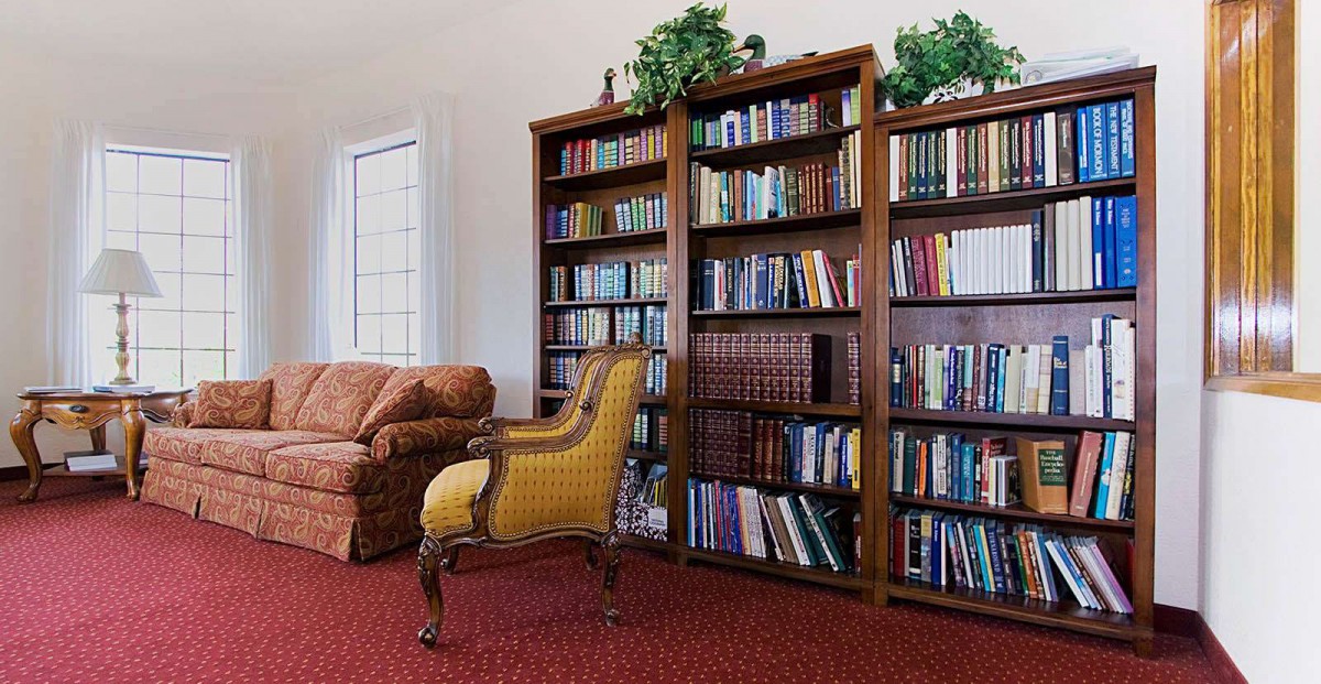 A cozy library corner with bookshelves, an armchair, and a sofa.
