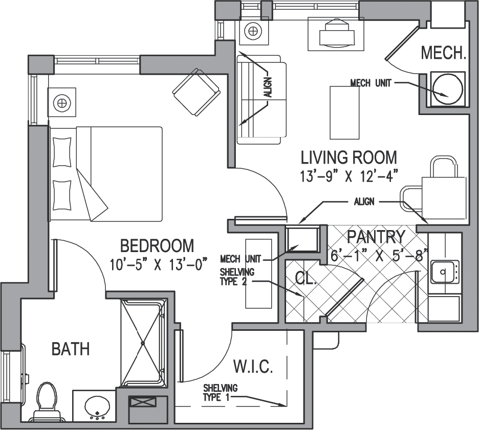A detailed floor plan of a one-bedroom apartment featuring a living room, kitchen, bathroom, and walk-in closet.