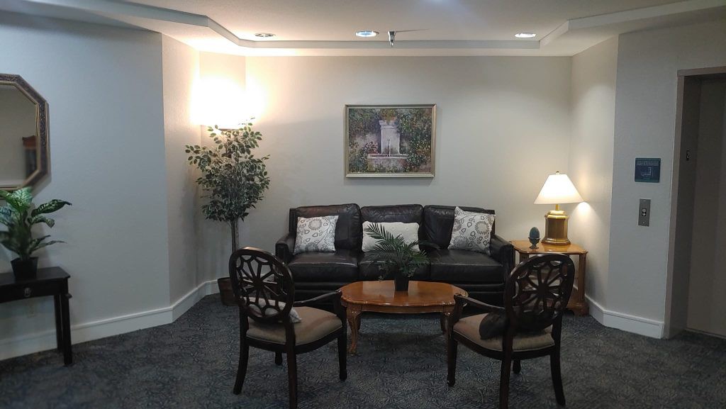 A cozy living room with a sofa, chairs, and a table, complemented by a lamp and decorative plants.