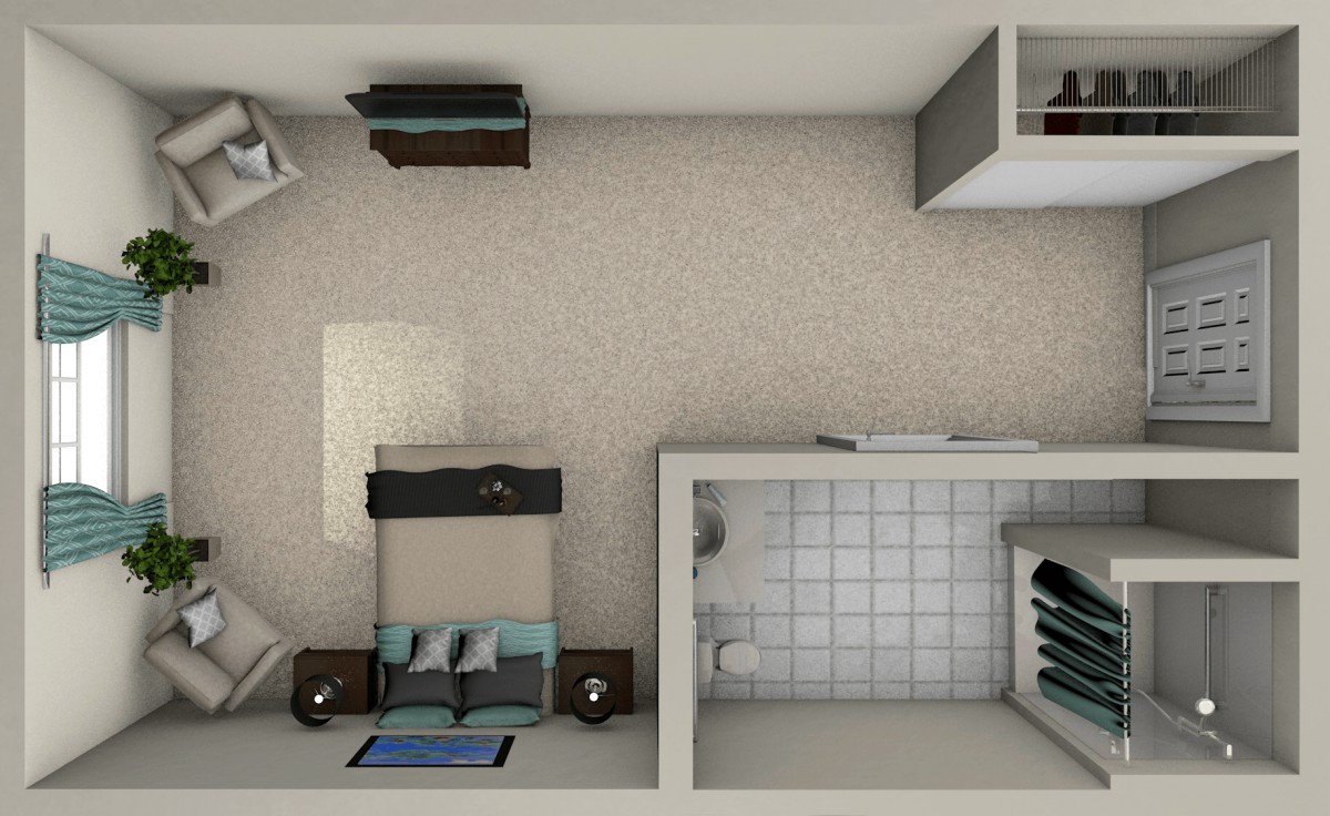 Top view of a minimalist bedroom floor plan with furniture arrangement and a small bathroom.