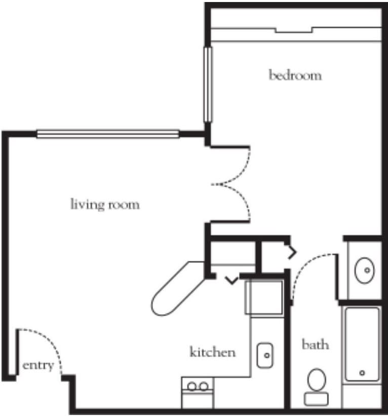 A simple one-bedroom apartment floor plan showing the arrangement of the living room, kitchen, bedroom, and bathroom.