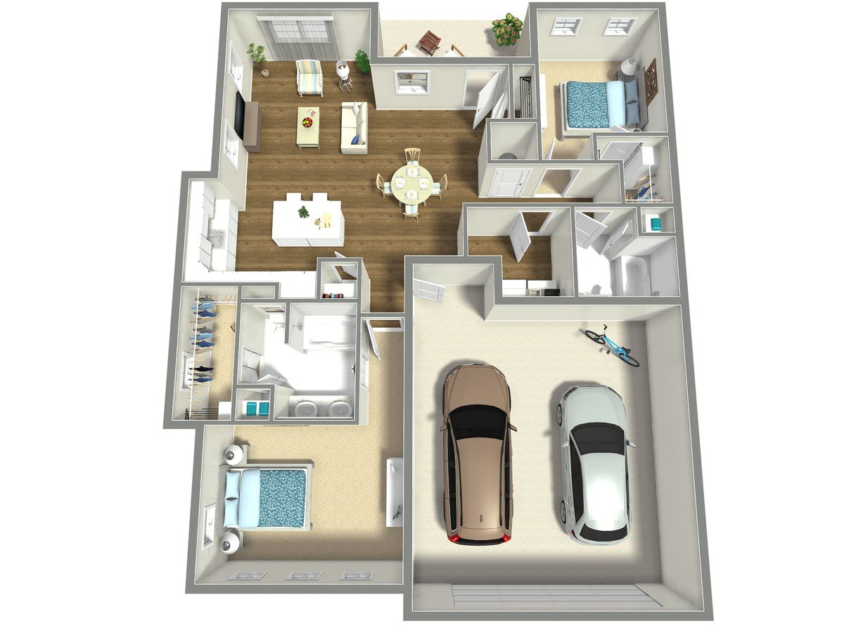 3D floor plan of a house with two bedrooms, a bathroom, open living area, kitchen, and a two-car garage.