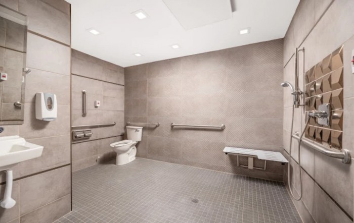 A spacious, accessible bathroom with grab bars and safety features.