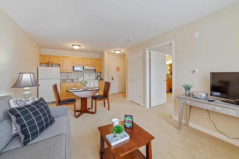 A cozy apartment interior featuring a combined living and dining area with light wood furniture and modern decor.