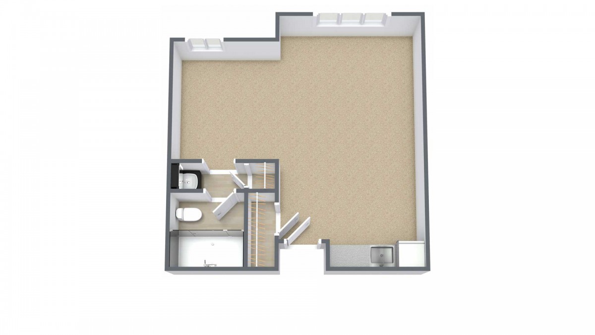 A 3D rendered floor plan of a one-bedroom apartment with a bathroom and kitchen area.
