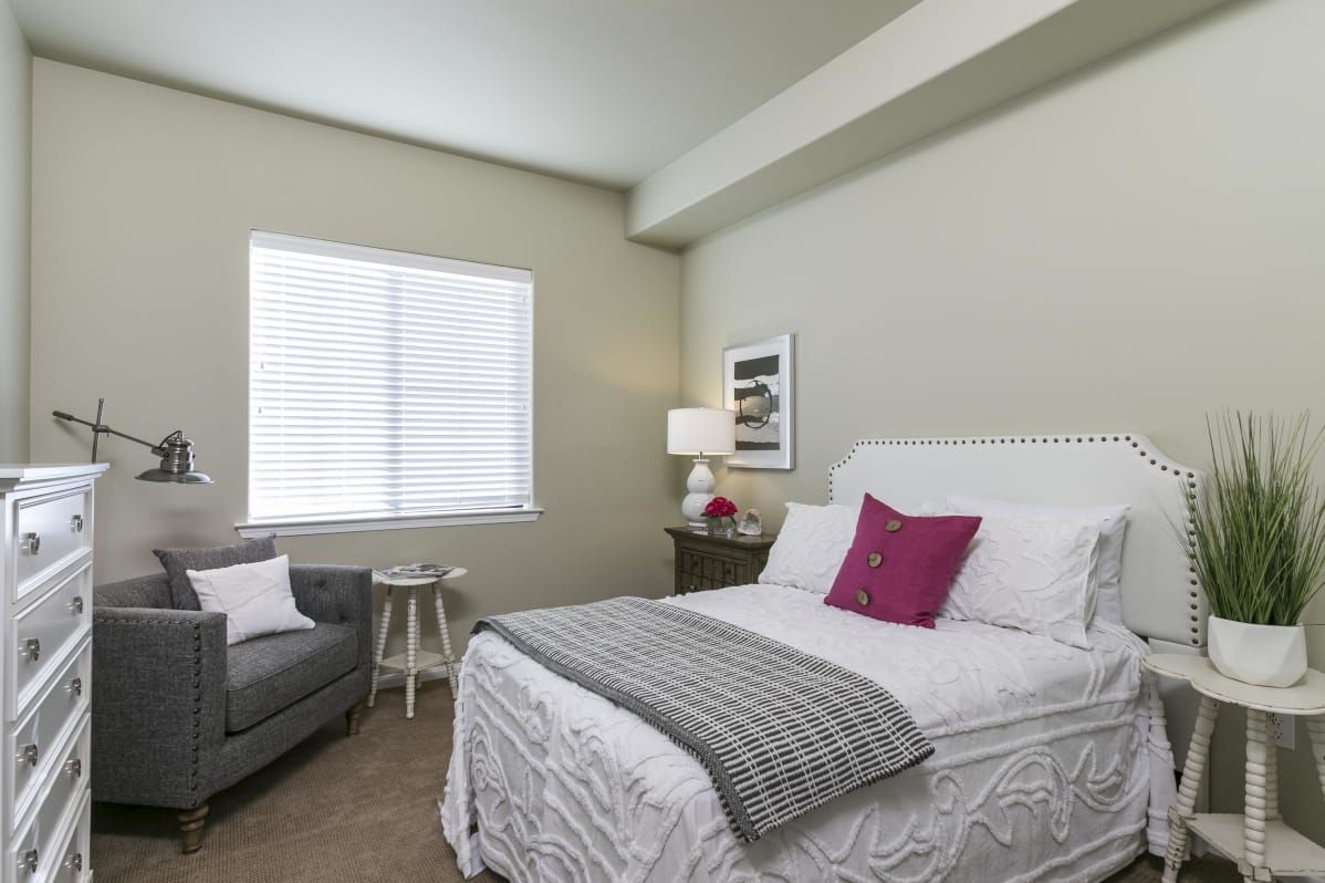 A modern bedroom with a neatly made bed, accent pillows, and natural light coming through the window.