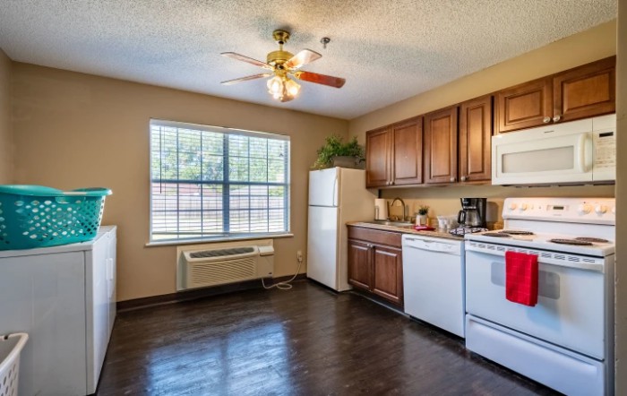 A modern kitchen with wooden cabinets, a fridge, and a dishwasher under natural light from a large window.