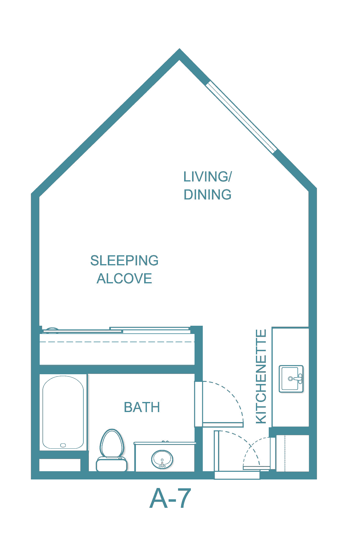 Floor plan of a studio apartment featuring a living/dining area, sleeping alcove, kitchenette, and bathroom.