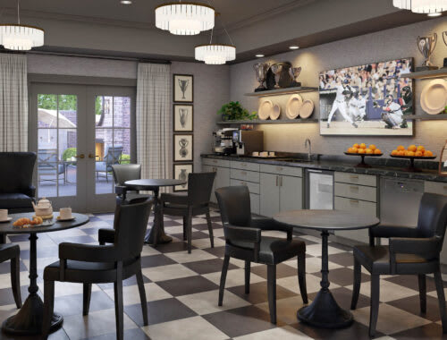 A cozy, modern cafe interior with checkered flooring and stylish seating arrangements.