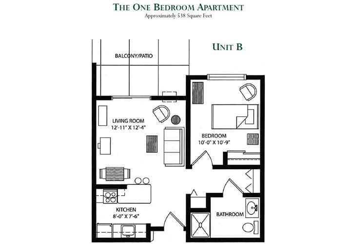 Floor plan of a one-bedroom apartment, Unit B, featuring a living room, kitchen, bedroom, bathroom, and balcony.