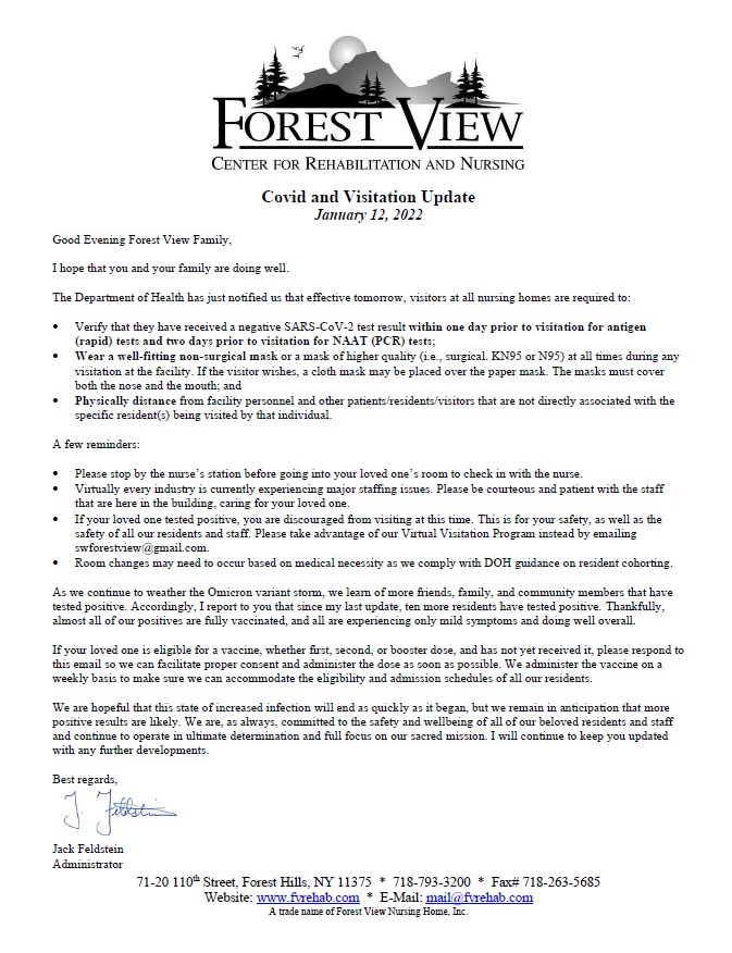 Letter from Forest View Center regarding new visitation guidelines.