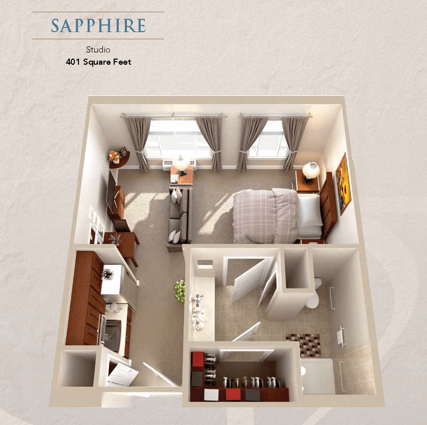3D floor plan of a studio apartment labeled 'Sapphire' with 461 square feet.