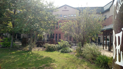A serene view of a building surrounded by lush greenery.