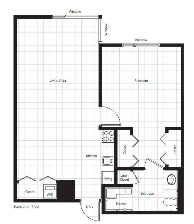 A layout of a one-bedroom apartment showing the arrangement of rooms and fixtures.