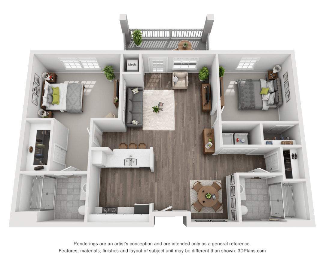 A 3D rendered floor plan of a two-bedroom apartment featuring a living room, kitchen, two bathrooms, and a balcony.