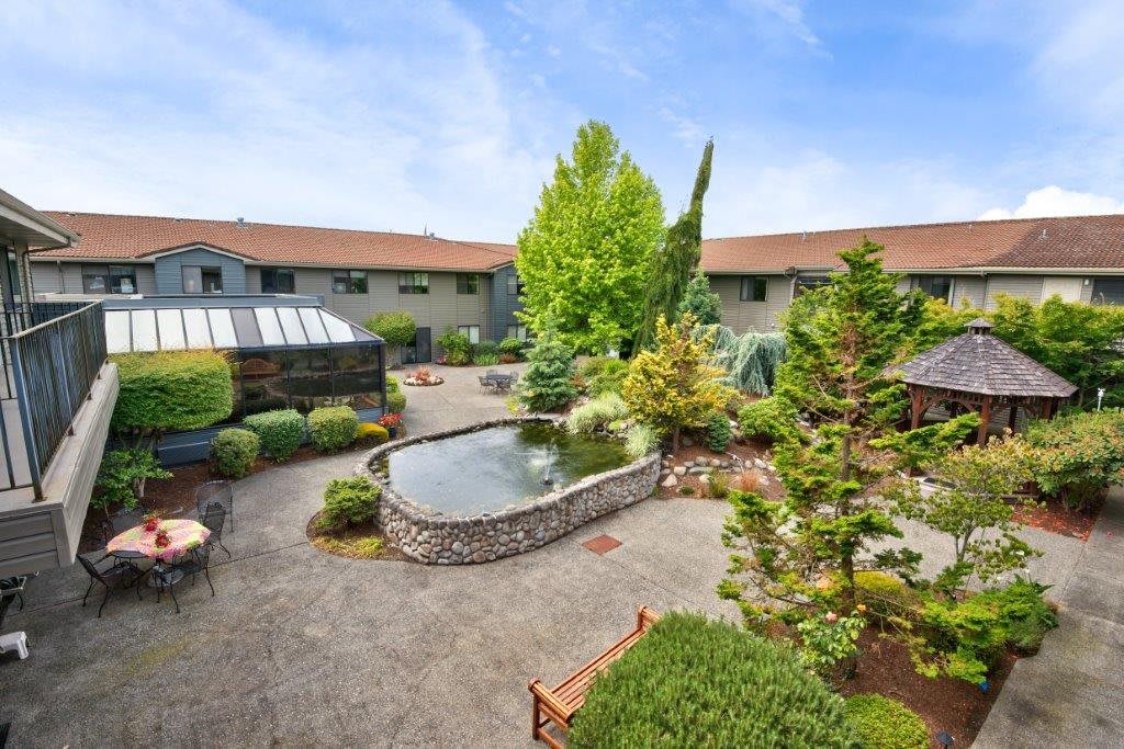 A serene courtyard with a pond surrounded by lush greenery and trees.
