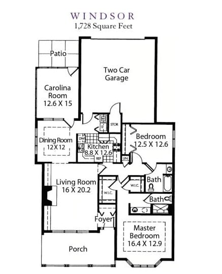 A detailed floor plan of a single-story house featuring a two-car garage, Carolina room, living and dining areas, kitchen, two bedrooms, and two bathrooms.