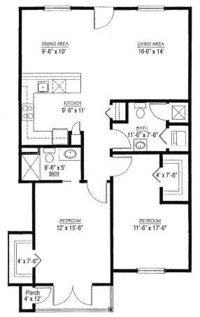 A floor plan of a two-bedroom apartment showing the layout of rooms and dimensions.