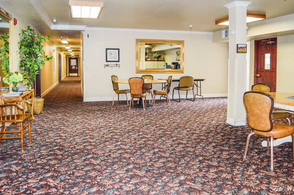 A carpeted hallway with several chairs and a window overlooking a room.