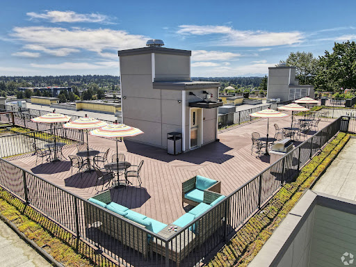 A bright and inviting rooftop lounge area with seating and umbrellas, perfect for relaxation in an urban setting.