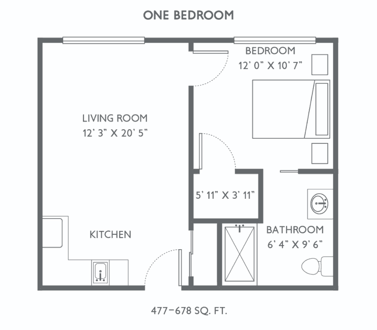 One-bedroom apartment floor plan showing the layout of living room, kitchen, bedroom, and bathroom.