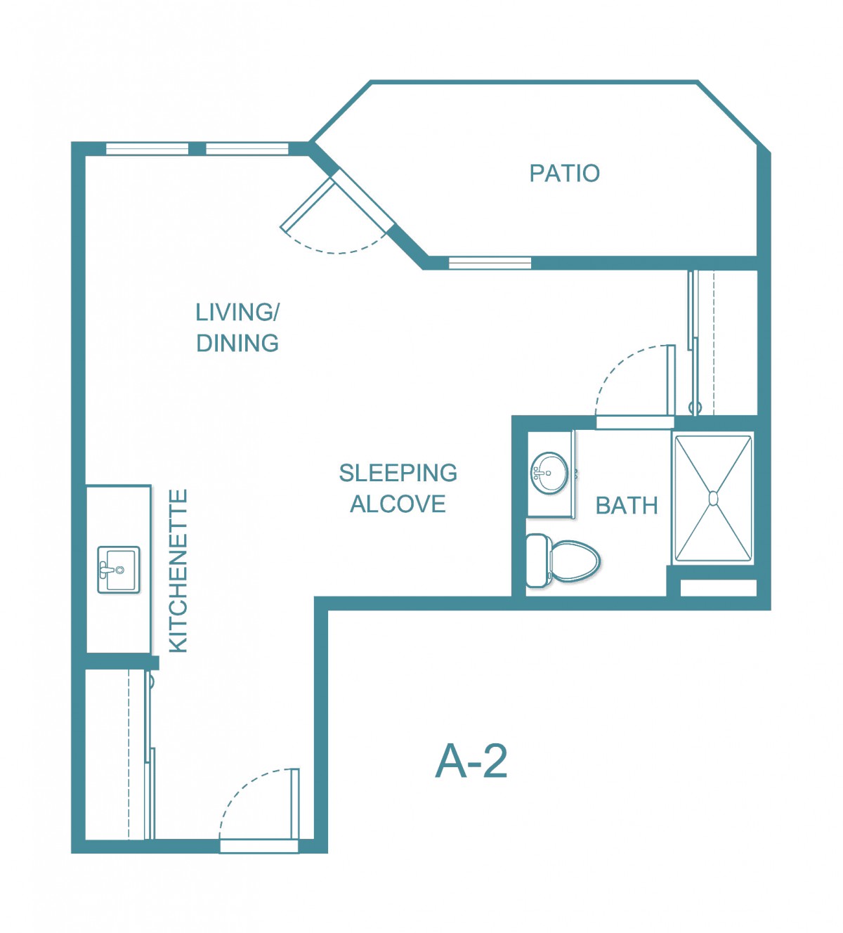 A floor plan of a small apartment with labeled rooms including a living/dining area, kitchenette, sleeping nook, bathroom, and patio.