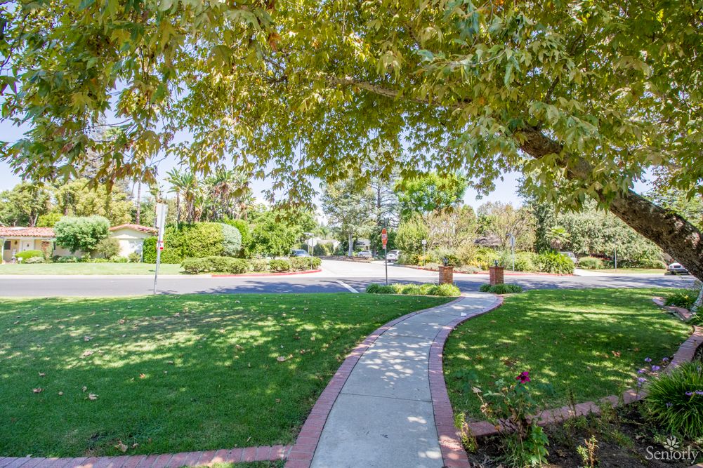 A sunny day with a winding walkway surrounded by lush greenery and trees.