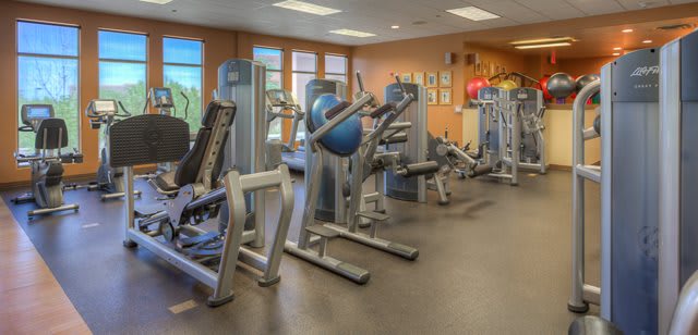 An inviting gym with a variety of exercise machines and equipment.