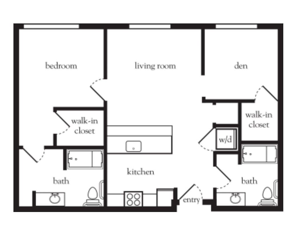 A floor plan showing the layout of an apartment with labeled rooms including a bedroom, living room, kitchen, den, walk-in closets, and bathrooms.