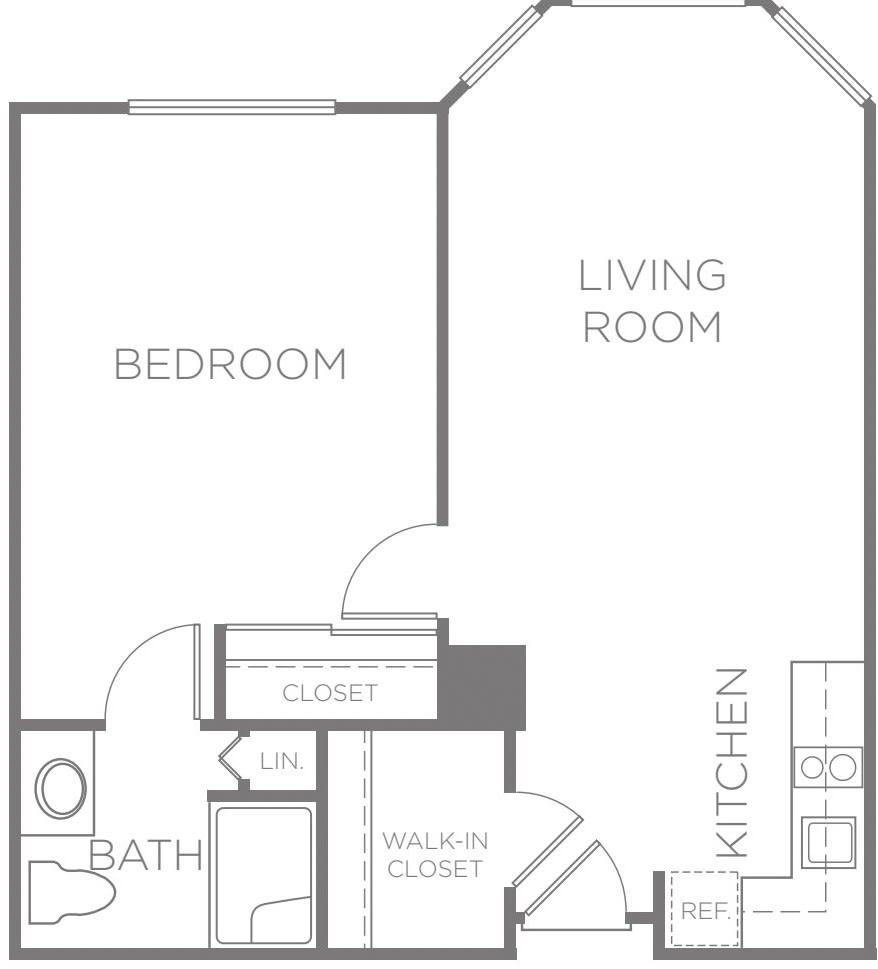 Floor plan of a one-bedroom apartment with labeled rooms including a living room, kitchen, and bathroom.