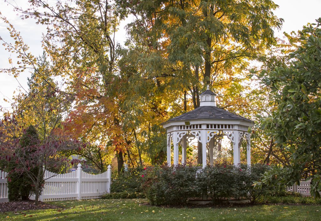 A charming white gazebo surrounded by autumn foliage in a serene garden setting.