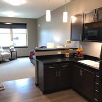 A modern open-concept kitchen and living area in an apartment.