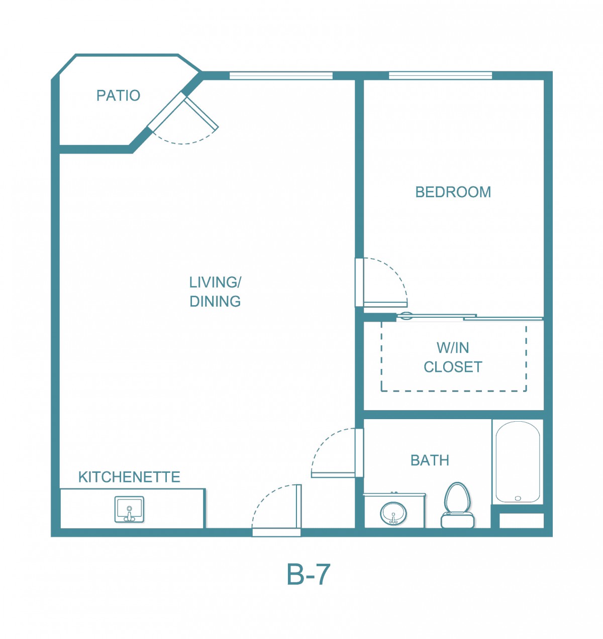 A floor plan of an apartment featuring a bedroom, bathroom, kitchenette, living/dining area, and a patio.