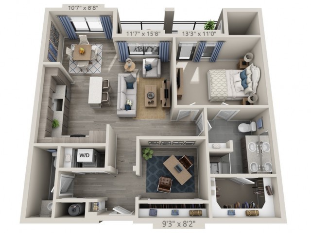 An apartment floor plan featuring two bedrooms, open living and dining areas, and a well-organized kitchen.