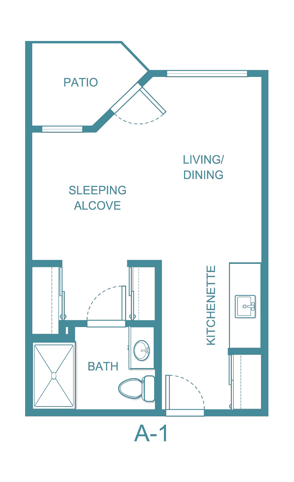 A floor plan of a studio apartment featuring a sleeping alcove, living/dining area, kitchenette, and bathroom.