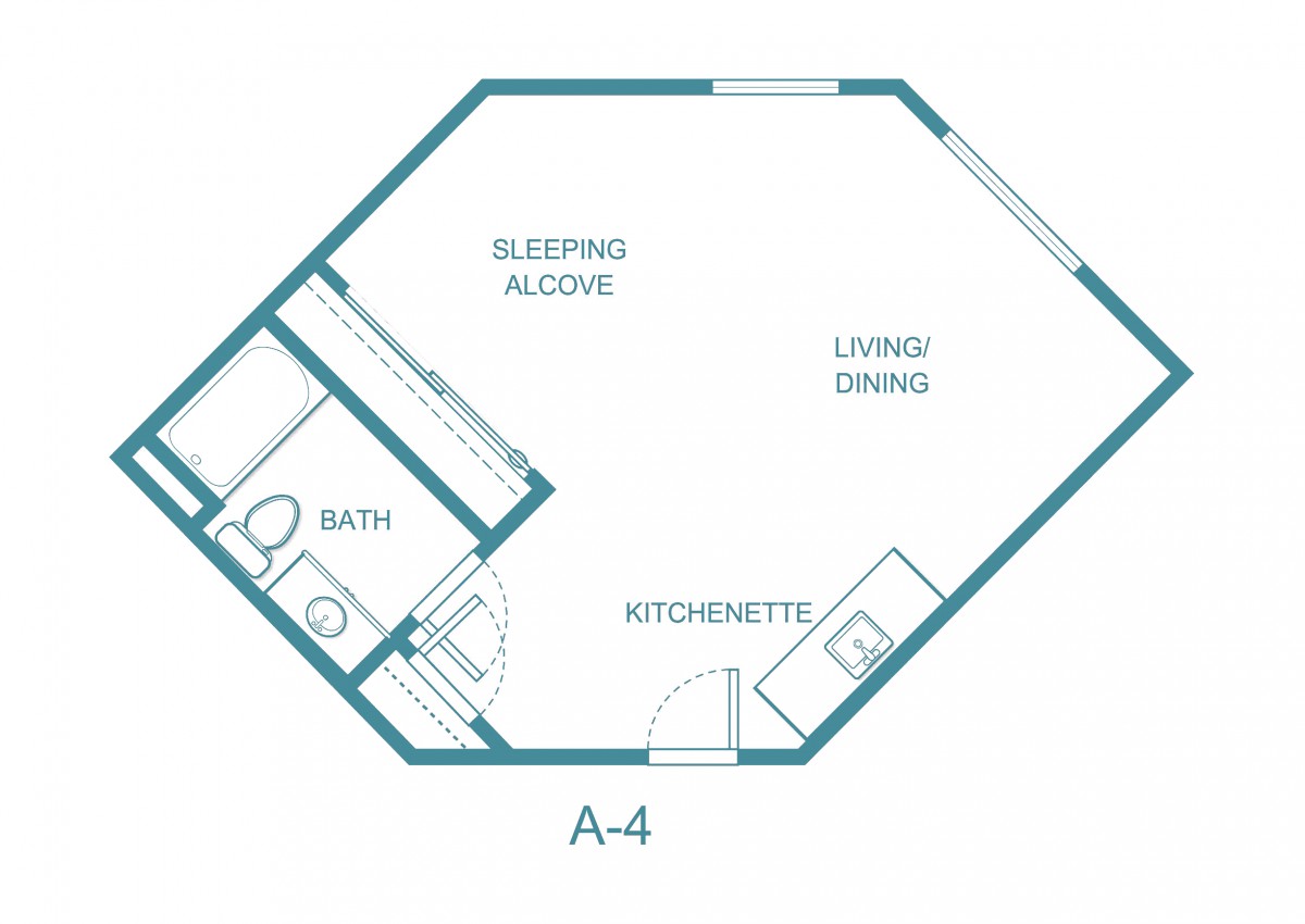 Studio apartment floor plan with kitchenette, bath, and sleeping alcove.