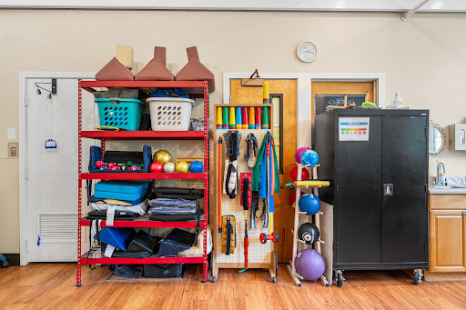 A well-organized area showcasing various exercise and therapy equipment on colorful shelves.