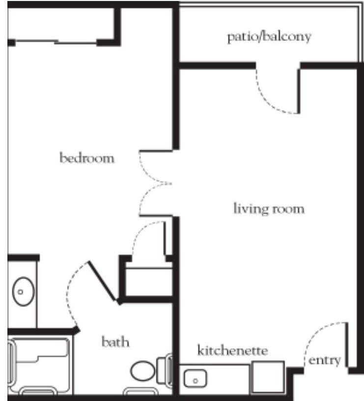 A simple floor plan of a one-bedroom apartment with a bathroom, kitchenette, living room, and patio/balcony.