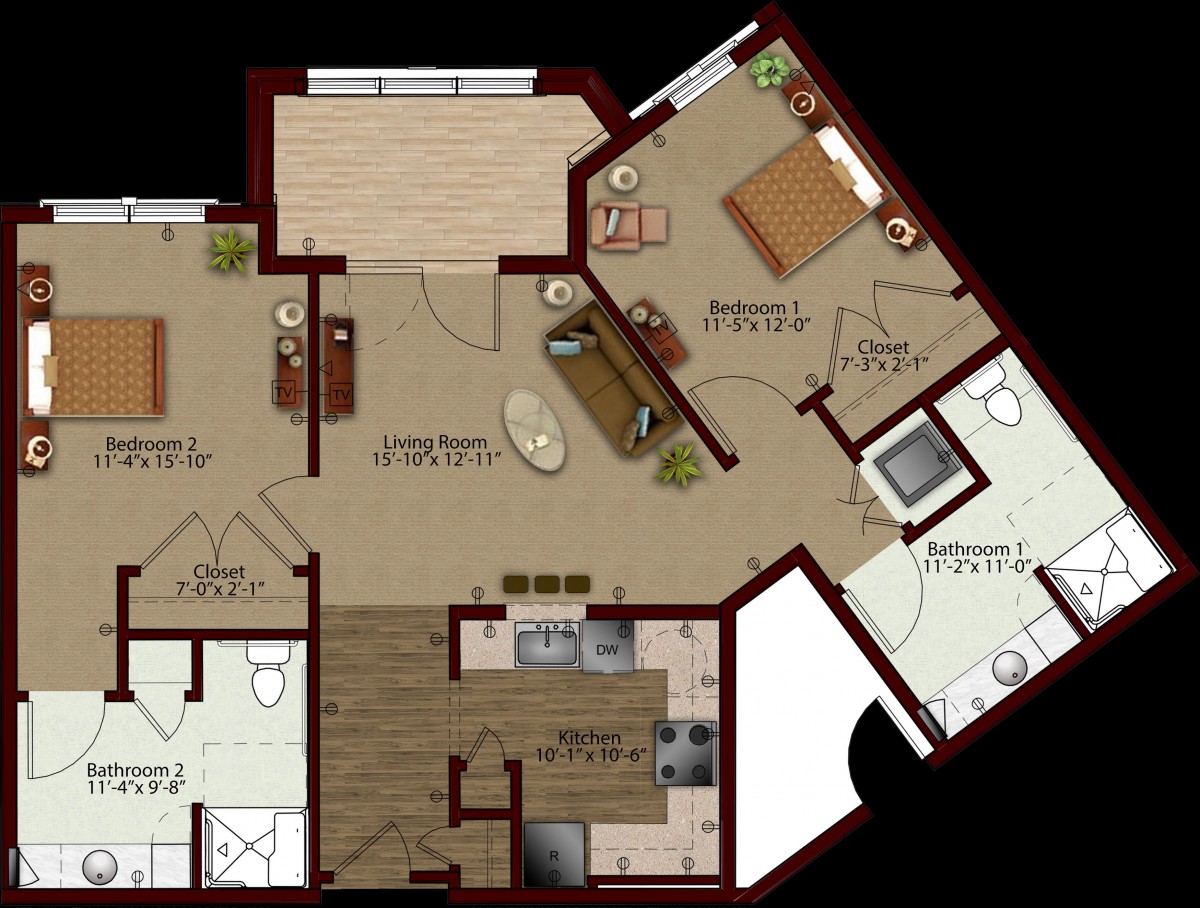 An architectural floor plan of an apartment with labeled rooms and designated living spaces.